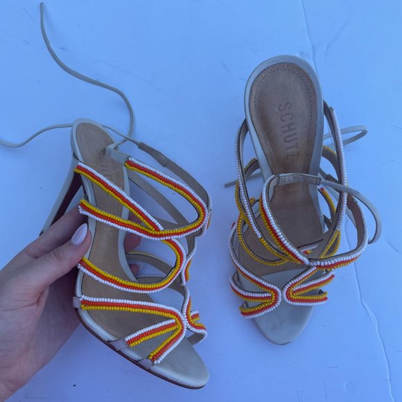 Schutz Meera Strappy Sandals Ankle Strap Tri-color Beaded High Stiletto Heels - Picture 4 of 10